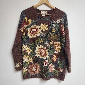 Vtg Heirloom Collectables Sweater Size Medium Embroidered Floral Cottage Grandma